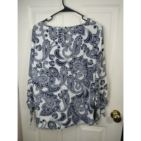 Nine West Woman M Blouse Blue White Paisley Semi Sheer Tie 3/4 Sleeve... - Picture 8 of 9